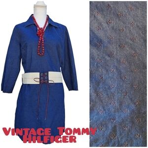 Vintage Tommy Hilfiger Belted Denim Dress Floral Accents Sleeves & Above Hem